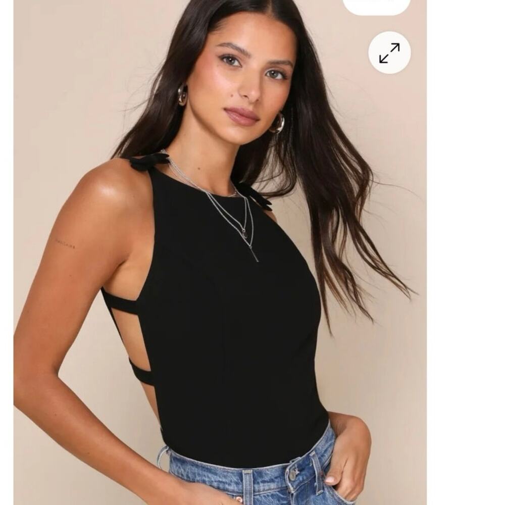 Lulu's Black Tie-Shoulder Cutout Bodysuit